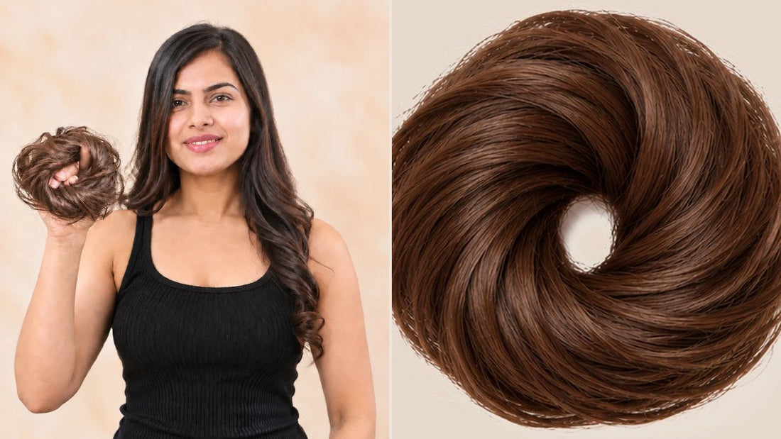Caring for your hairdidi.com human hair bun: woman holding a bun and a Light Brown bun close-up
