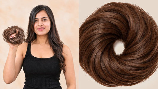 Caring for your hairdidi.com human hair bun: woman holding a bun and a Light Brown bun close-up