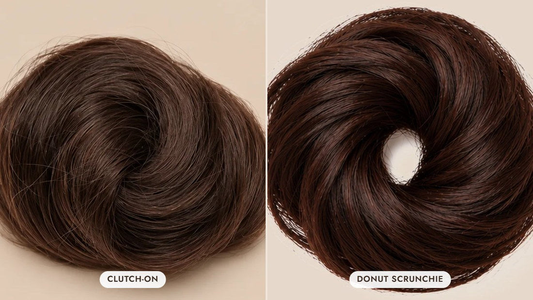 hairdidi.com Clutch-On Scrunchie and Donut Scrunchie Bun side by side in Dark Brown