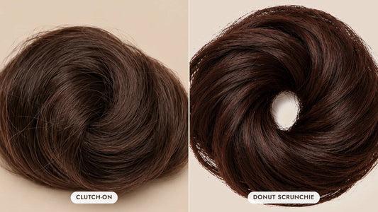 hairdidi.com Clutch-On Scrunchie and Donut Scrunchie Bun side by side in Dark Brown