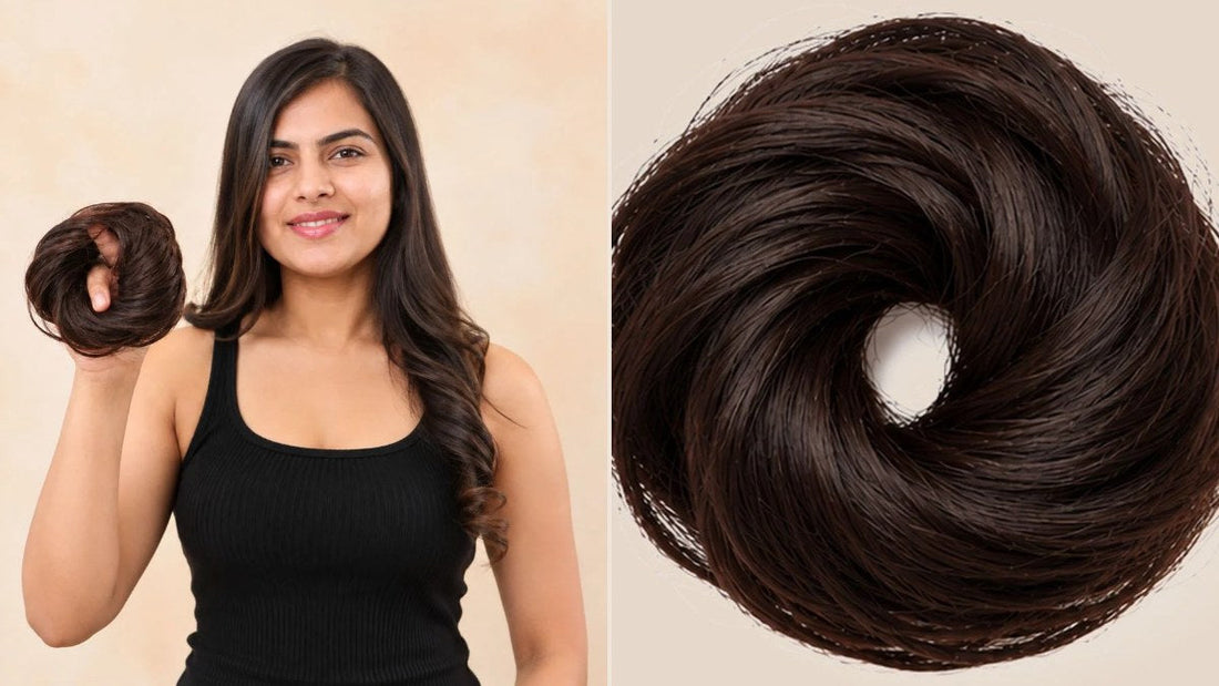 Woman holding a hairdidi.com donut scrunchie bun, with a close-up of the Natural Black bun