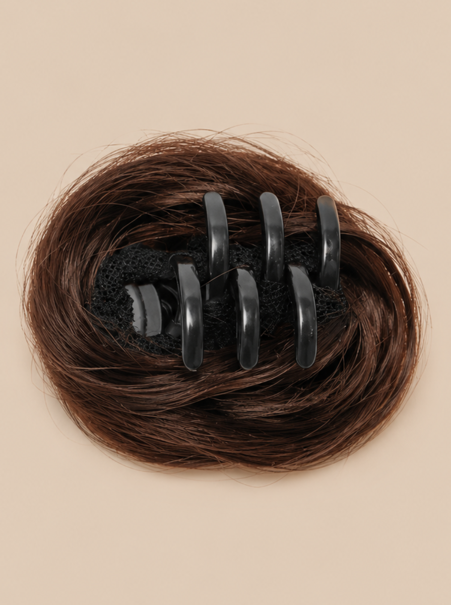 Clutch-On Scrunchie mini bun on a claw clip, 100% human hair, worn in a half-up style